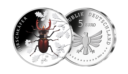 Bild- und Wertseite der 5-Euro-Farbdruckmünze Hirschkäfer von 2024